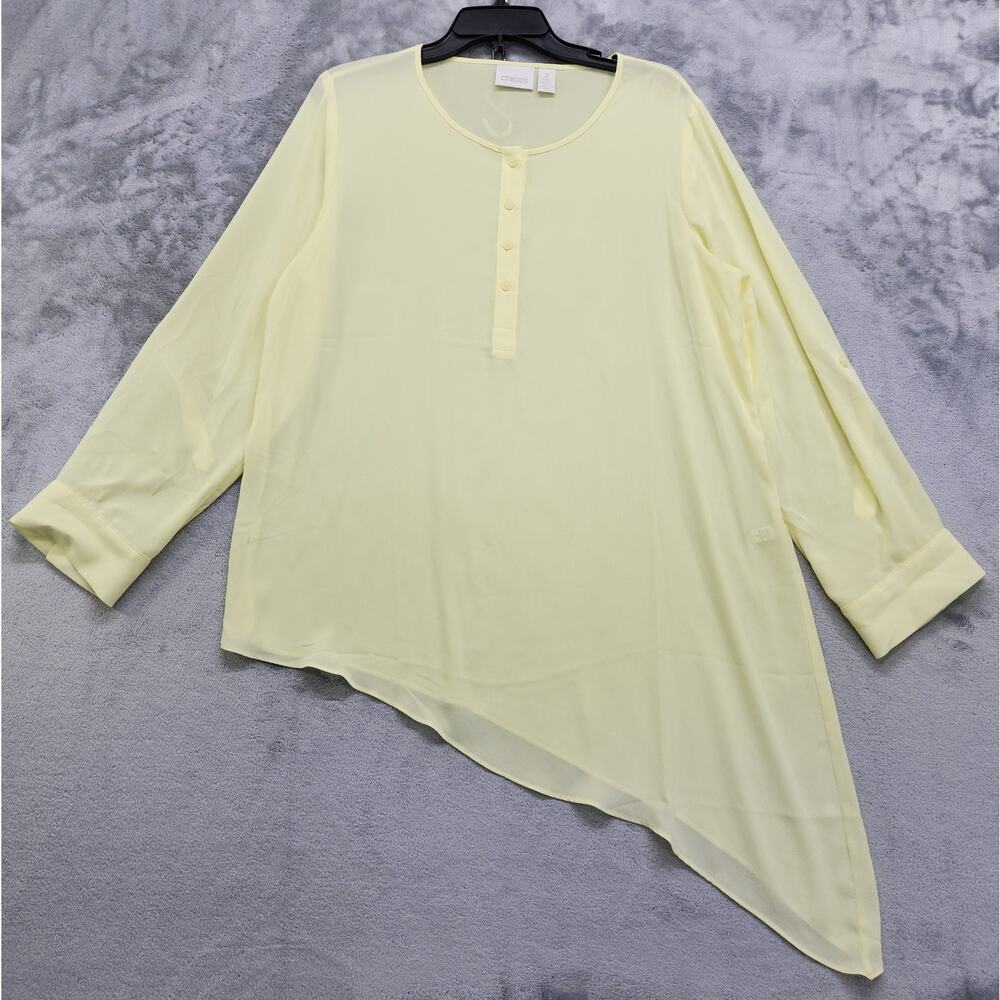Chico's Top Womens 2 L/12 Yellow Ali Diagonal-Hem Roll Tab Sleeve‎ Popover Sheer